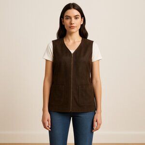 Women’s real leather brown Tristan  Iseut Canada made zip vest medium genuine